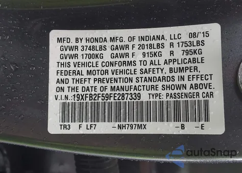 2015 Honda Civic Lx z USA, uszkodzony, nr VIN 19XFB2F59FE287339
